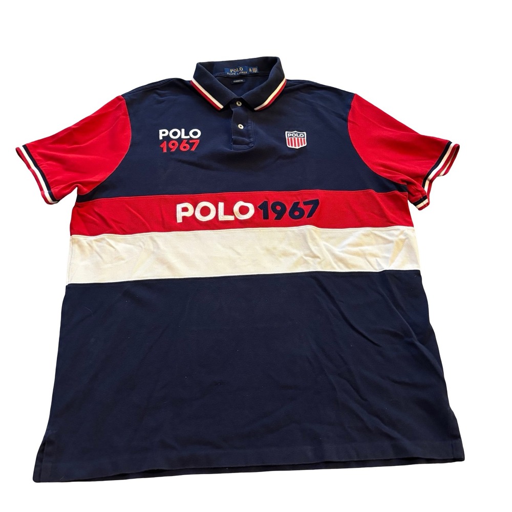 Polo Ralph Lauren Mens XL Classic‎ Fit Polo 1967 Colorblock Navy Red White Shirt